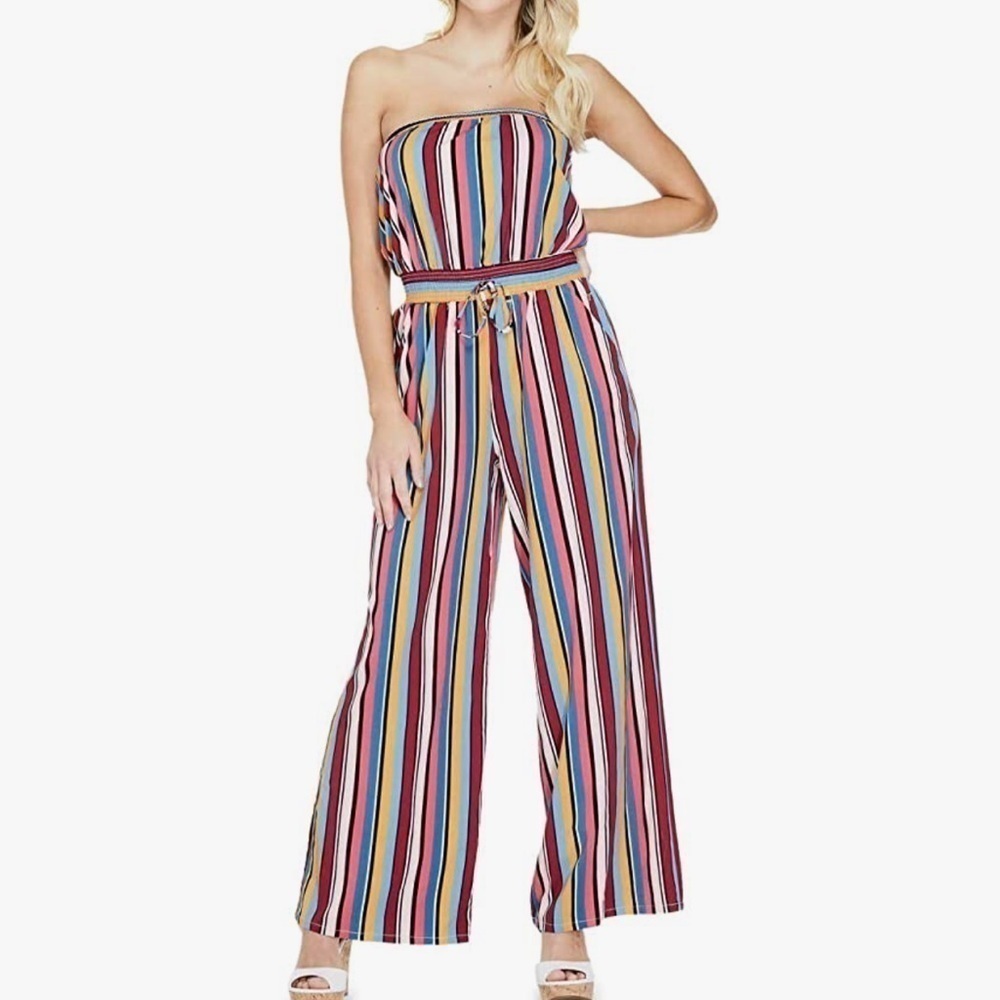 GUESS Women's rainbow stripes bohemian Strapless Jumpsuit wide leg womens XS